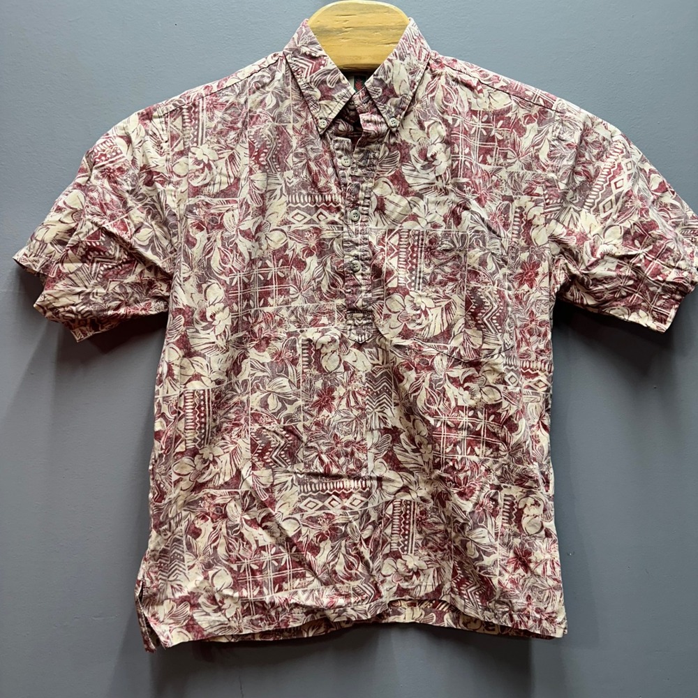 Tori Richard Mens Medium Burgundy Floral Batik Popover Hawaiian Shirt 180R-5395
